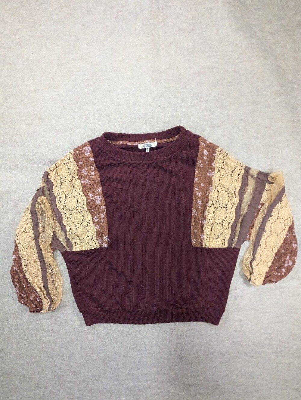 Gimmicks Country Boho Lace Long Sleeve Burgundy Maroon Shirt Floral Fall Large